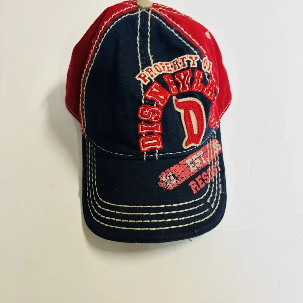 DISNEY. ADULT BLUE/RED/BIEGE DISTRESSED DISNEY STRAPBACK HAT - Very Clean.